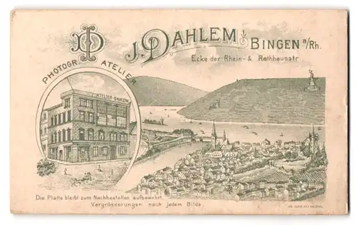 Fotografie J. Dahlem, Bingen, Ansicht Bingen /Rhein, Totalansicht, Photo-Atelier J. Dahlem, Rhein- & Rathhausstrasse