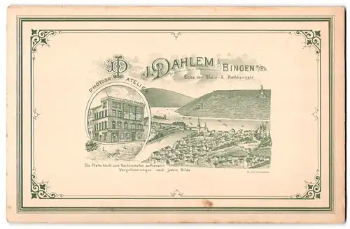 Fotografie J. Dahlem, Bingen, Ansicht Bingen /Rhein, Totalansicht, Photo-Atelier J. Dahlem Ecke Rhein- & Rathhausstrasse