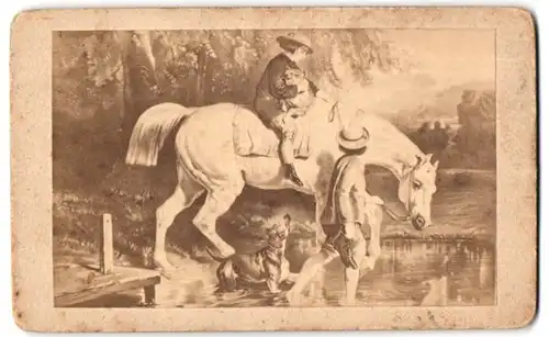 Fotografie Gemälde Der Weg durch das Wasser, Reiter mit Hund und Knabe watten durch einen Fluss