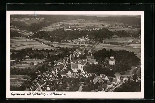 AK Oppenweiler, Ort mit Reichenberg und Wilhelmsheim aus der Vogelschau