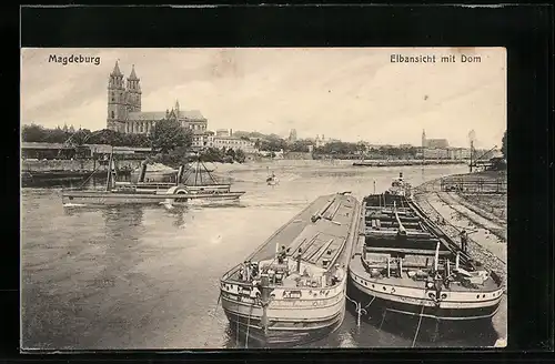 AK Magdeburg, Elbansicht mit Dom und Schiffen