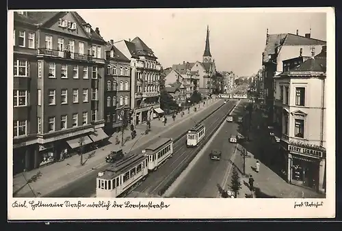 AK Kiel, Holtenauer Strasse mit Strassenbahnen aus der Vogelschau