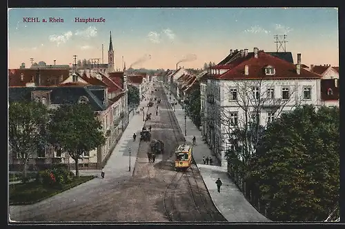AK Kehl, Blick in die Hauptstrasse, Strassenbahn