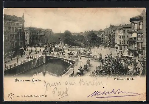 AK Berlin-Tiergarten, Potsdamerbrücke mit Geschäften und Strassenbahn