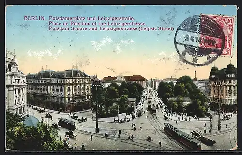 AK Berlin-Tiergarten, Potsdamerplatz und Leipzigerstrasse mit Strassenbahnen und Kutschen