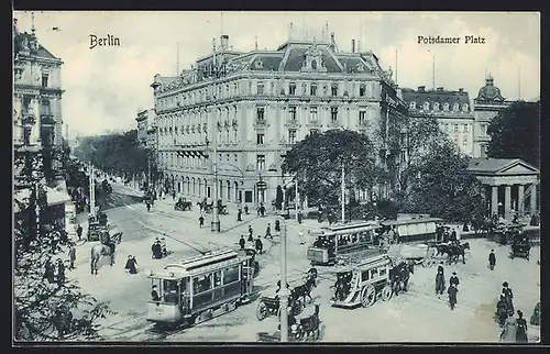 AK Berlin-Tiergarten, Potsdamer Platz mit Strassenbahnen und Kutschen