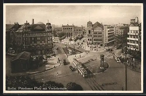 AK Berlin-Tiergarten, Potsdamer Platz mit Pschorr-Haus, Verkehrsturm und Strassenbahn