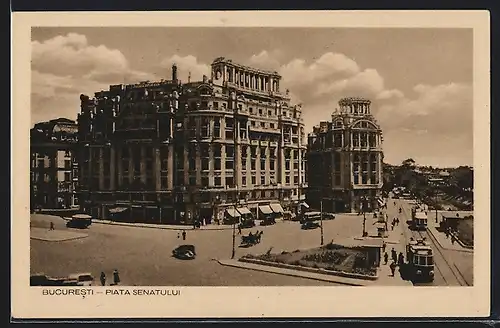 AK Bucuresti, Piata Senatului, Ortsansicht, Strassenbahn