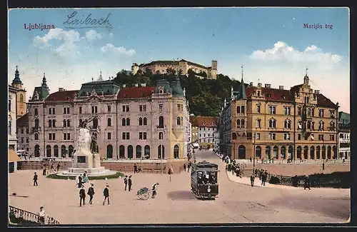 AK Laibach, Strassenbahn auf dem Marienplatz