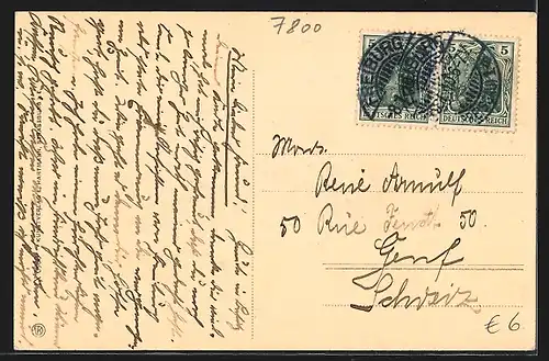 AK Freiburg i. B., Kaiser Wilhelmsplatz mit Kaserne und Kriegerdenkmal, Strassenbahn