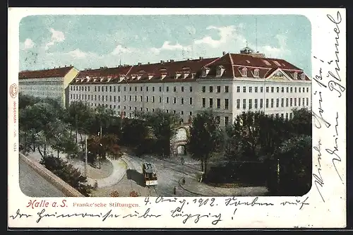 AK Halle a. S., Franke`sche Stiftungen, Strassenbahn
