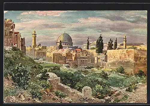 Künstler-AK Jerusalem, Blick auf die Stadt mit der Omar-Moschee vom Moghrebiner-Tor