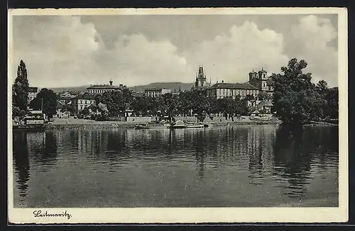 AK Leitmeritz, Uferpartie mit Dampfer