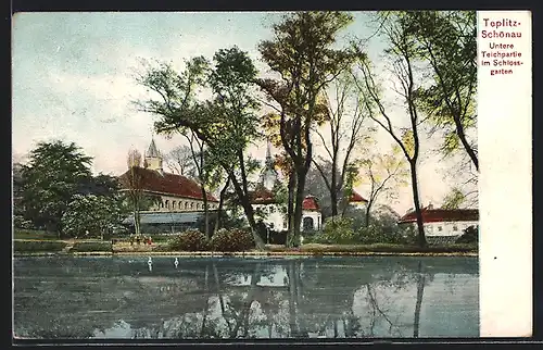 AK Teplitz Schönau / Teplice, Untere Teichpartie im Schlossgarten