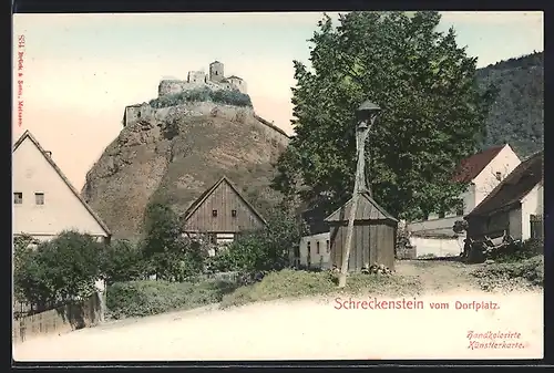 AK Schreckenstein, Burg vom Dorfplatz aus