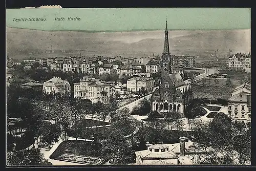 AK Teplitz Schönau / Teplice, Ortspartie an der Kath. Kirche