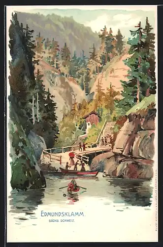 Lithographie Edmundsklamm, Bootsanlegestelle in der Klamm