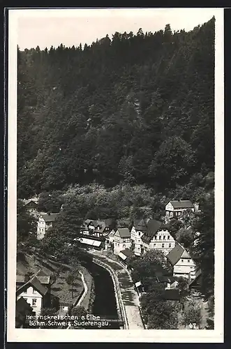 AK Herrnskretschen a. Elbe /Böhm. Schweiz, Strassenpartie mit Fachwerkhäusern