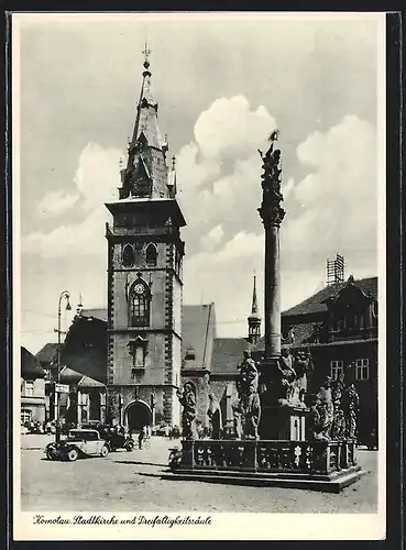 AK Komotau, Ansicht einer Stadtkirche mit Dreifaltigkeitssäule