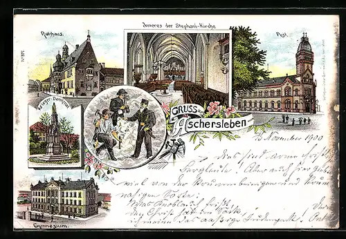 Lithographie Aschersleben, Post, Rathaus, Inneres der Stephani-Kirche