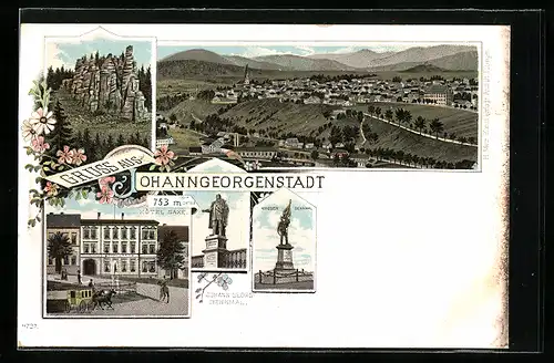 AK Johanngeorgenstadt, Ortsansicht, Hotel Saxe, Johann Georgs-Denkmal und Kriegerdenkmal