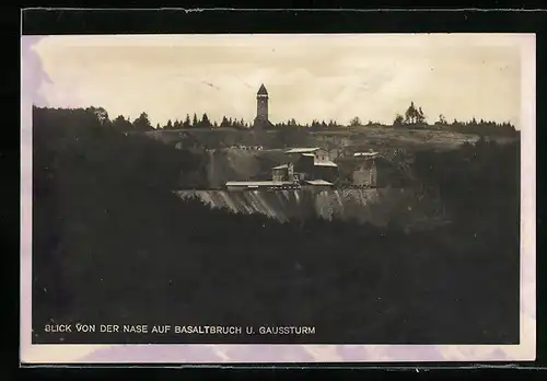 AK Hohenhagen bei Dransfeld, Basaltbruch und Gaussturm, vom Gasthaus W. Bühre gesehen