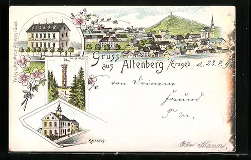 Vorläufer-Lithographie Altenberg i. Erzgeb., 1895, Post & Eisenbahnschule, Rathaus, Luisenturm