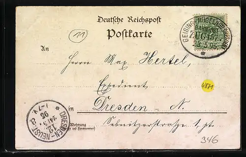 Vorläufer-Lithographie Altenberg i. Erzgeb., 1895, Post & Eisenbahnschule, Rathaus, Luisenturm