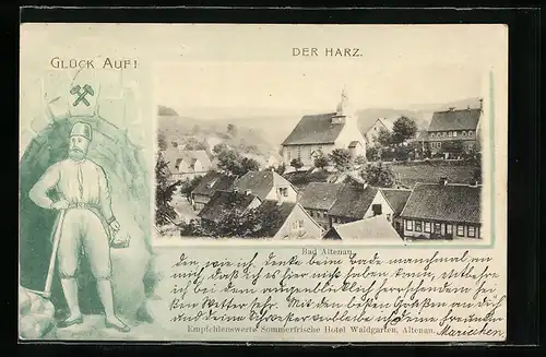 AK Bad Altenau /Harz, Ortspartie mit Kirche, Bergarbeiter, Bergbau