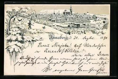 Winter-Lithographie Annaberg, Teilansicht mit Kirche