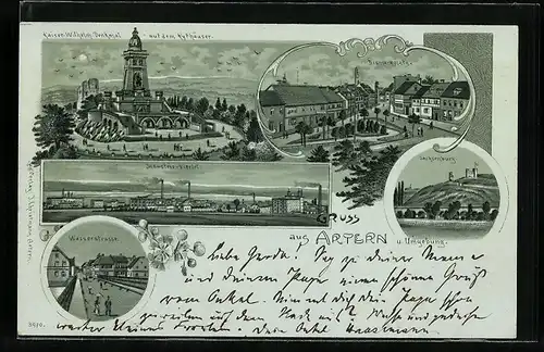 Mondschein-Lithographie Artern, Industrie-Viertel, Kaiser-Wilhelm-Denkmal auf dem Kyffhäuser, Sachsenburg