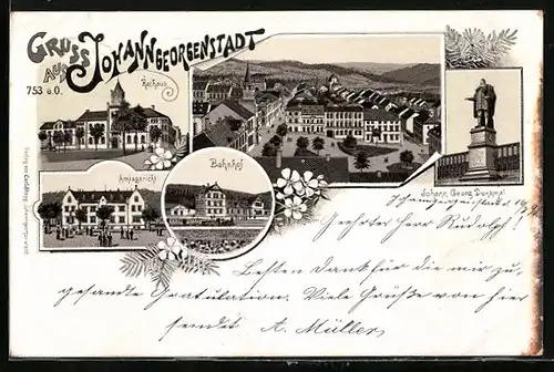 Vorläufer-Lithographie Johanngeorgenstadt, 1895, Amtsgericht, Bahnhof, Rathaus