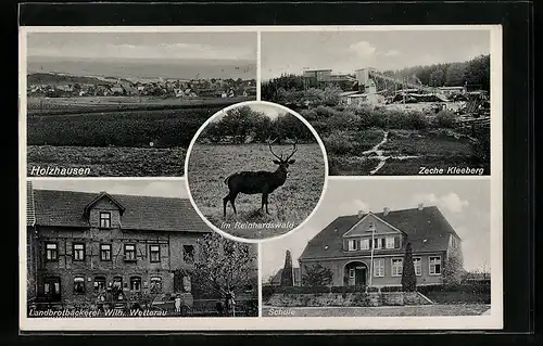 AK Holzhausen am Reinhardswald, Landbrotbäckerei Wilh. Wetterau, Zeche Kleeberg, Schule
