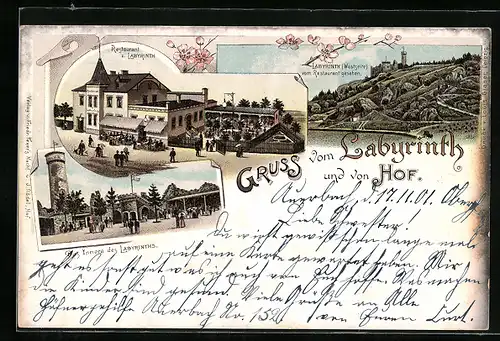 Lithographie Hof /Saale, Gasthof Labyrinth mit Garten und Aussichtsturm