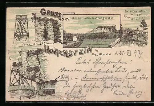 Lithographie Hessisch-Oldendorf, Felsengruppen, Grüner Altar mit Teufelsbrücke, Hohenstein von Barksen gesehen