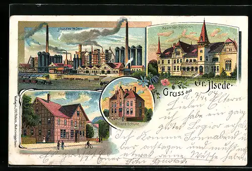 Lithographie Gr. Ilsede, Ilseder Hütte, Kaufhaus L. Kramer, Beamten Kassino