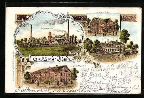 Lithographie Grossilsede, Gasthof Meyerhoff, Kaufhaus E. Ball, Bahnhof