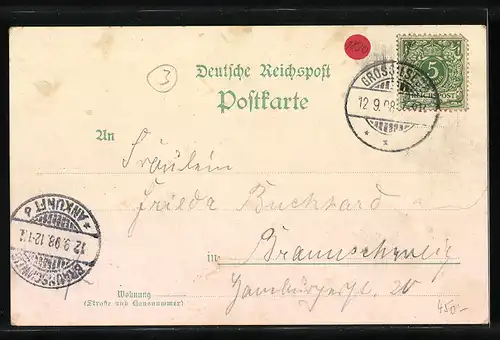 Lithographie Grossilsede, Gasthof Meyerhoff, Kaufhaus E. Ball, Bahnhof