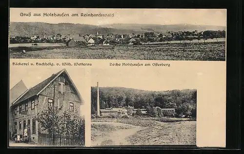 AK Holzhausen /Reinhardswald, Zeche Holzhausen am Osterberg, Bäckerei-Buchhdlg. Wetterau, Panorama