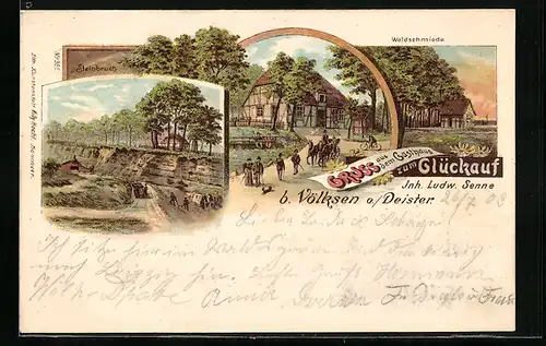 Lithographie Völksen a. Deister, Gasthaus zum Glückauf, Waldschmiede, Steinbruch