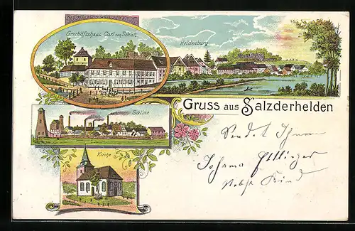 Lithographie Salzderhelden, Geschäftshaus Carl von Sehlen, Saline, Heldenburg