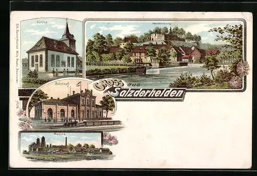 Lithographie Salzderhelden, Bahnhof mit Eisenbahn, Saline, Heldenburg, Kirche