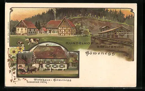 Lithographie Immendingen-Höwenegg, Gundelhof mit Basaltbruch, Wirtshaus Höwenegg von Sebastian Früh, Steinbruch