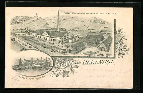 Lithographie Oggenhof, Oekonomie-Gut Oggenhof, Thonwerk Oggenhof-Augsburg S. Keller, Steinbruch