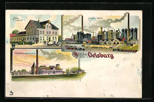 Lithographie Oelsburg, Löhr`s Gasthof, Ilseder Hütte, Kalischacht Wilhelmshall