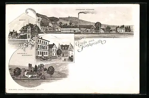 Lithographie Jünkerath, Bahnhof, Jünkerather Hüttenwerk und Burgruine