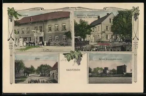 AK Kaditzsch, Seidels Braunkohlenwerke, Gasthof, Bäckerei u. Materialwarenhandlung Rob. Conrad