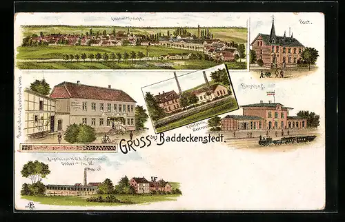 Lithographie Baddeckenstedt, Gesamtansicht, Kalkfabrik Wesemann, Ziegelei Heinemann, Gasthof zur Rast, Bahnhof