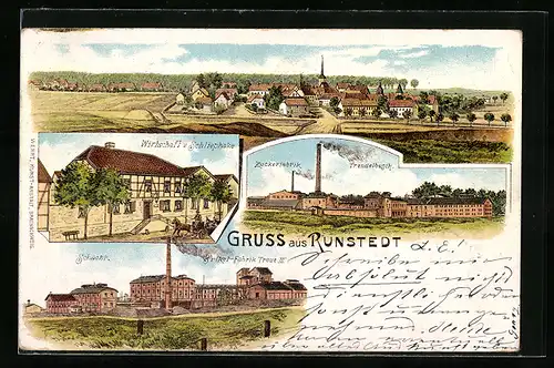 Lithographie Runstedt, Briket-Fabrik Treue III. und Schacht, Gastwirtschaft v. Schliephake, Zuckerfabrik