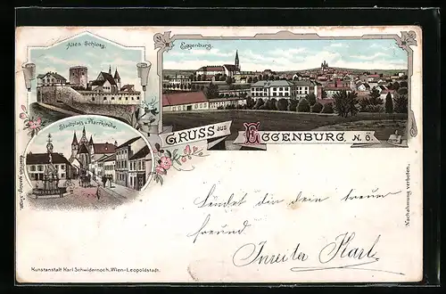 Lithographie Eggenburg, Totalansicht, Altes Schloss, Stadtplatz & Marktkirche